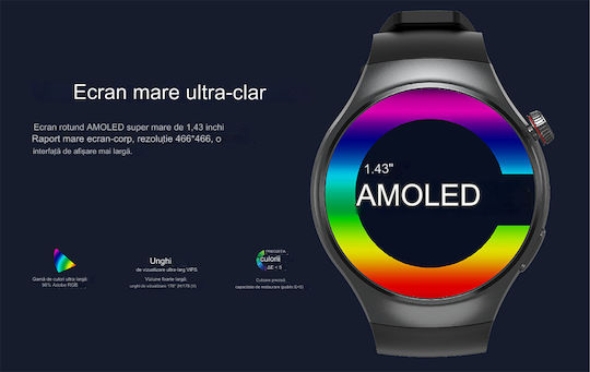 Smartwatch Idealstore Roundsims3 1.43 Inch Amoled Display Android 8.1 GPS Glonass Compass 4G Calling HD Speaker Microphone 1000 mAh Battery Nano SIM Heart Rate Monitor SpO2 Magnetic Charging Quad-Core Cortex Processor Black Silicone Strap