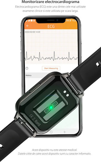 Ceas inteligent Dt Max Idealstore Ecran tactil IPS Notificări apeluri și mesaje Vibrații Monitorizare ritm cardiac EKG Tensiune arterială Oxigen în sânge IP 68 Pedometrul Negru Silicon Culoare