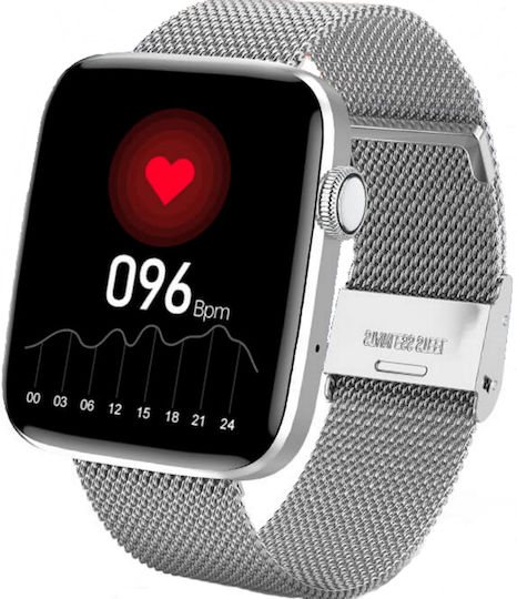 Smartwatch Idealstore Sportapple Echipat cu Difuzor Microfon Apeluri Telefonice Urmărire GPS Mod Multi-sport Senzor Ritm Cardiac Tensiune Arterială Nivel Oxigen Ecran Curbat Curea Metalică Argintie