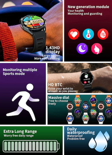 Delta Pro Smartwatch Idealstore 1.43" Amoled Touch Screen Android iOS Speaker Bluetooth Call Alarm Weather Voice Assistant Fitness Tracker Women's Function Heart Rate Monitor Blood Pressure Monitor SpO2 Oximeter Multi-Sport Black