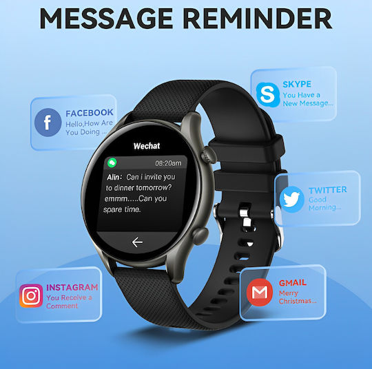 Smartwatch Tirana Fashion Idealstore Ecran Tactil Complet IPS Monitorizare Ritm Cardiac Monitorizare Tensiune Arterială Monitorizare Saturație Oxigen Somn Vreme Multi-sport Notificări Apeluri SMS Social Media IP67 Baterie de Lungă Durată Ediție Neagră