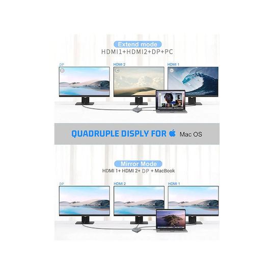 Conceptronic DONN25G 15-in-1 USB-C Docking Station with HDMI/DisplayPort 4K PD Ethernet and Support for 3 Monitors Silver