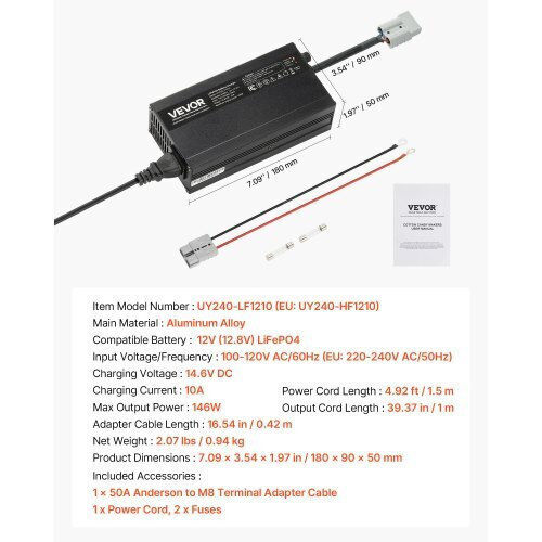 Vevor 12V 10A Lithium Battery Charger 14.6V AC-DC LiFePO4 Smart Charger RV