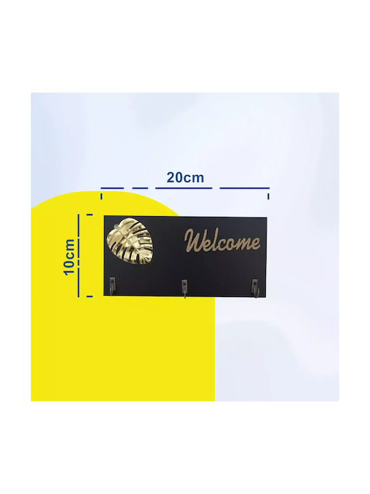 Uncle George Wall Key Holder Wooden Wooden Black Key Holder with Gold Letters "Welcome" and 3 Metal Hooks and Modern Leaf Design 3 positions 20x1x10cm