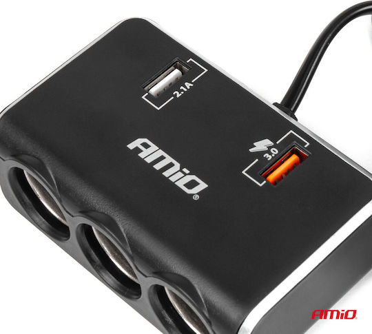 AMiO Car Charger 120W Fast Charging with Ports: 2xUSB 3xLighter with Cable Embedded Black Color