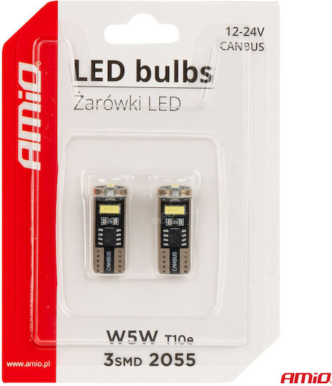AMiO Λάμπες Αυτοκινήτου W5W Canbus LED 6000K Ψυχρό Λευκό 12-24V