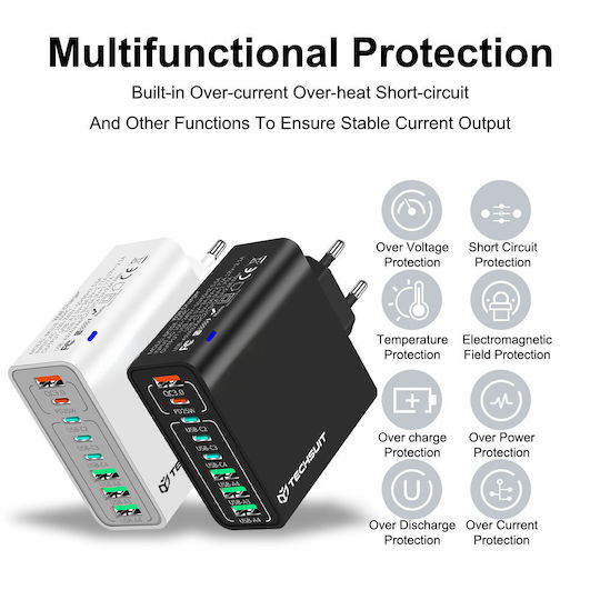 Techsuit Φορτιστής Χωρίς Καλώδιο με 4 Θύρες USB-A και 4 Θύρες USB-C 65W Power Delivery / Quick Charge 3.0 Μαύρος (CHPD224)