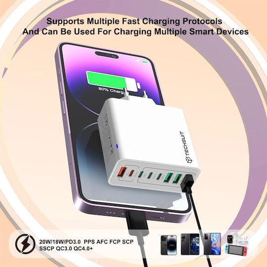 Techsuit Φορτιστής Χωρίς Καλώδιο με 4 Θύρες USB-A και 4 Θύρες USB-C 65W Power Delivery / Quick Charge 3.0 Μαύρος (CHPD224)
