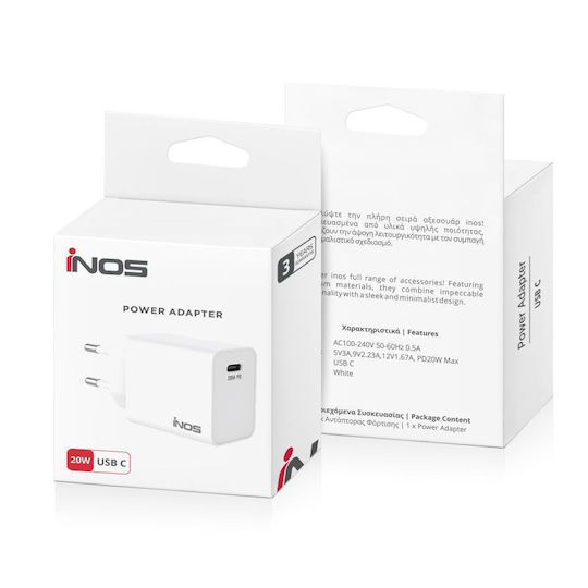 iNOS Зарядно без кабел с USB-C порт 20W Power Delivery Бял