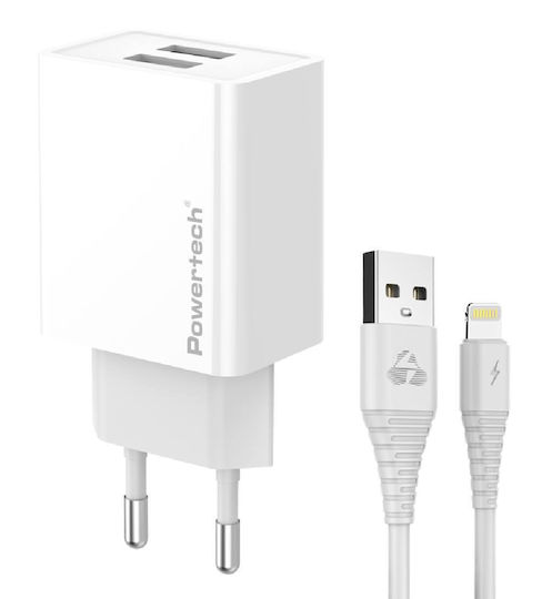 Powertech Φορτιστής με 2 Θύρες USB-A και Καλώδιο Lightning 12W Λευκός (PT-1325)