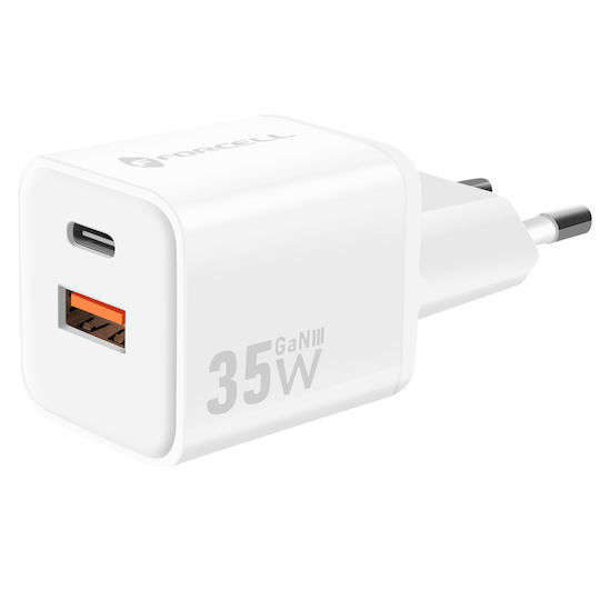 Forcell Charger Without Cable GaN with USB-A Port and USB-C Port 35W Power Delivery / Quick Charge 4.0 Whites (F-Energy Mini VT-35C)