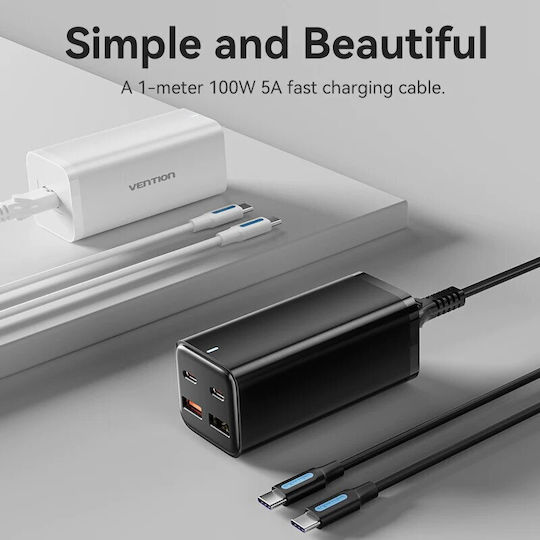 Vention Charger GaN with 2 USB-A Ports and 2 USB-C Ports and Cable USB-C - USB-C 100W Power Delivery / Quick Charge 3.0 Blacks (FBSBG-EU)