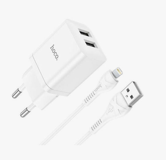 Hoco Charger with 2 USB-A Ports and Cable Lightning Whites (N25 ''Maker'')
