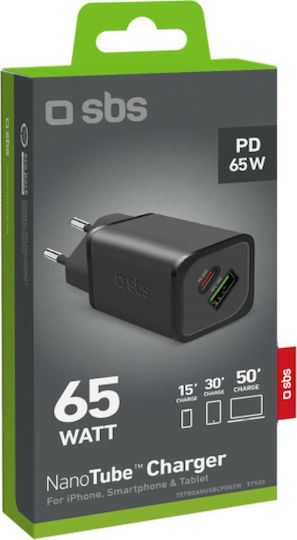SBS Charger with Built-in Cable GaN with USB-A Port and USB-C Port 65W Power Delivery Blacks