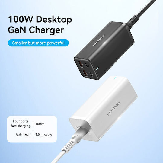 Vention Charging Stand with 2 USB-A Ports and 2 USB-C Ports 100W Power Delivery / Quick Charge 3.0 in White color (FBSWG-EU)