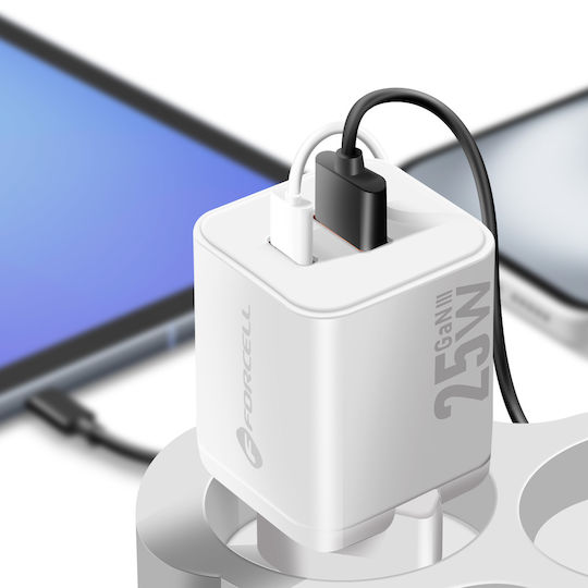 Forcell Charger Without Cable GaN with USB-A Port and USB-C Port 25W Power Delivery / Quick Charge 4.0 Whites (F-Energy Mini VT-25B)