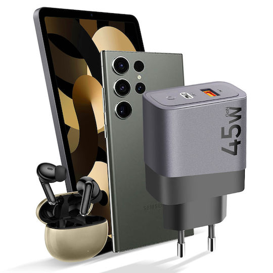 Tactical Tastaturen Ohne Kabel GaN mit USB-A Ausgangsanschlüsse und USB-C Ausgangsanschlüsse 45W Stromlieferung / Schnellladetechnologie 3.0 Graues (Microgrid GaN)