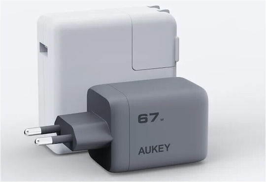 Aukey Charger Without Cable with USB-A Port and 2 USB-C Ports 67W Power Delivery / Quick Charge 5.0 Gray (PA-C3)