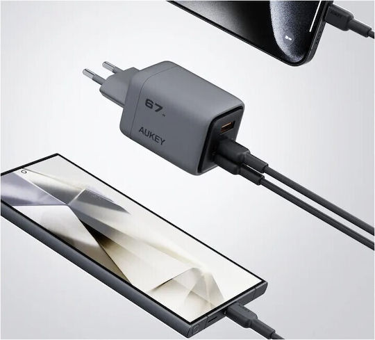 Aukey Charger Without Cable with USB-A Port and 2 USB-C Ports 67W Power Delivery / Quick Charge 5.0 Gray (PA-C3)