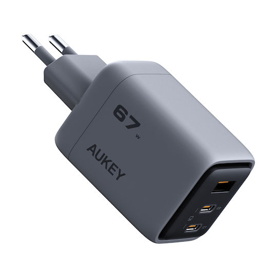 Aukey Charger Without Cable with USB-A Port and 2 USB-C Ports 67W Power Delivery / Quick Charge 5.0 Gray (PA-C3)