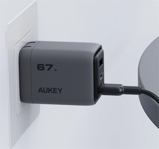 Aukey Charger Without Cable with USB-A Port and 2 USB-C Ports 67W Power Delivery / Quick Charge 5.0 Gray (PA-C3)