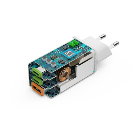 HAMA Зарядно без кабел GaN с USB-A порт и 2 USB-C порта 65W Power Delivery Бял (00201996)