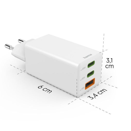 HAMA Зарядно без кабел GaN с USB-A порт и 2 USB-C порта 65W Power Delivery Бял (00201996)