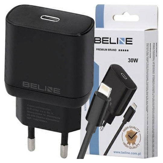 Beline Ladegerät mit USB-C Anschluss und Kabel USB-C - Lightning 30W Stromlieferung Schwarzs (U03)