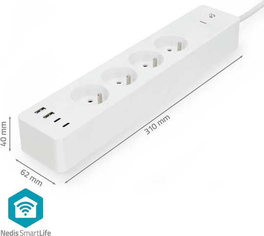 Nedis Connected Wi-fi Power Strip 4 Outlets 3680w 2m 4 Usb Ports White