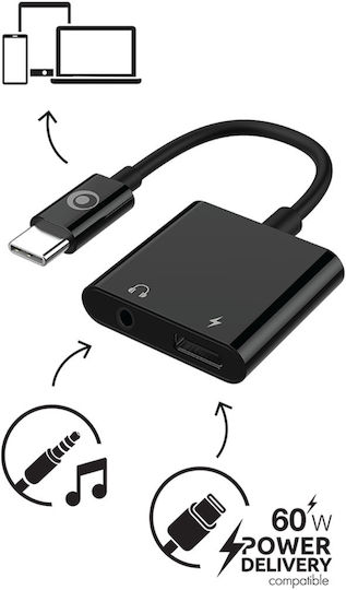 Bigben Connected Audio Adapter Usb-c To Jack 3.5mm Charge Usb-c 60w Compact 12cm Black