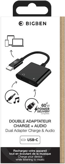 Bigben Connected Audio Adapter Usb-c To Jack 3.5mm Charge Usb-c 60w Compact 12cm Black