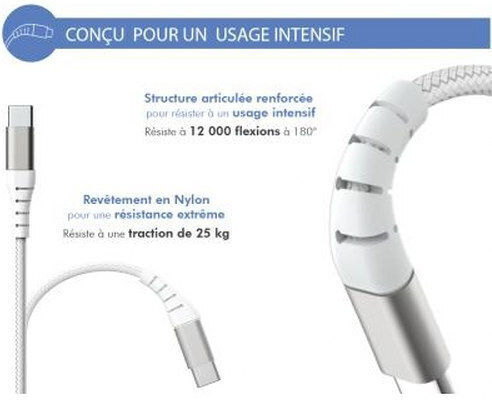 Force Power Verstärktes Usb C Usb C 3a 60w 12.000 Biegsamkeitsresistentes Kabel 1,2m Weiß