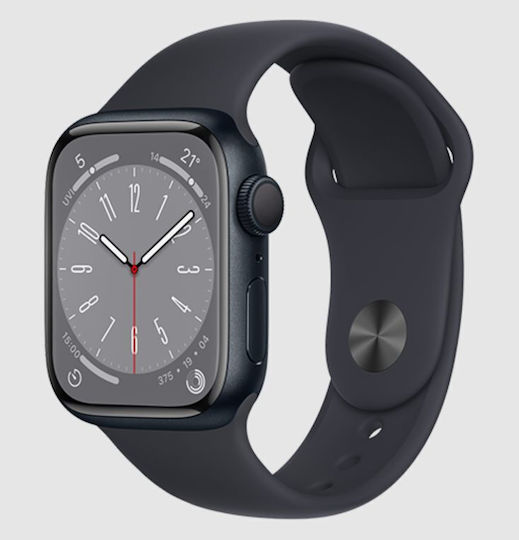 Apple Watch Series 8 Aluminum 41mm Waterproof with Heart Rate Monitor (Midnight with Midnight Sport Band - S/M)