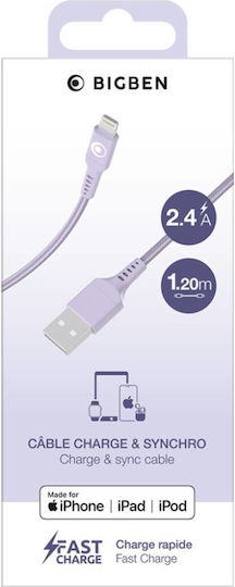 Bigben Connected Usb-a/lightning 2.4a Fastcharge 12w 1.2m Charging Transfer Cable Purple