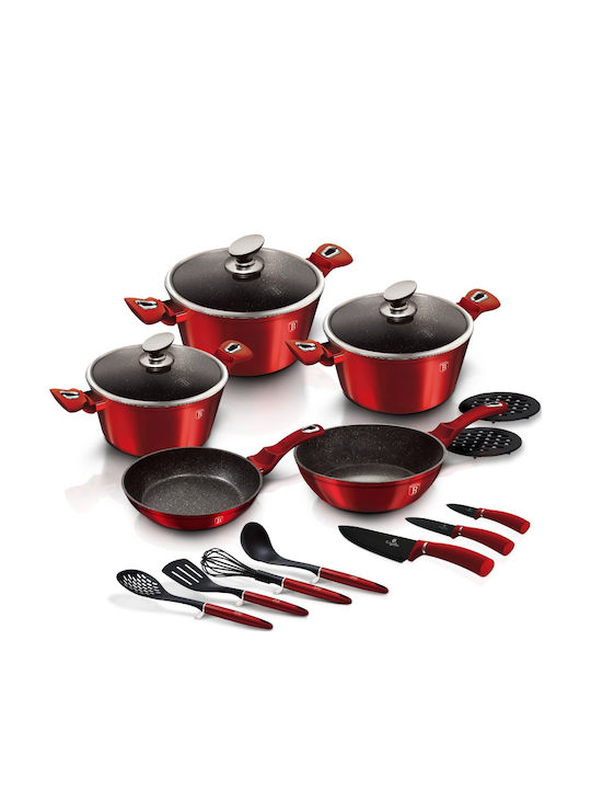 Berlinger Haus Metallic Line Cookware Set of Aluminum with Stone Coating Burgundy Collection 17pcs