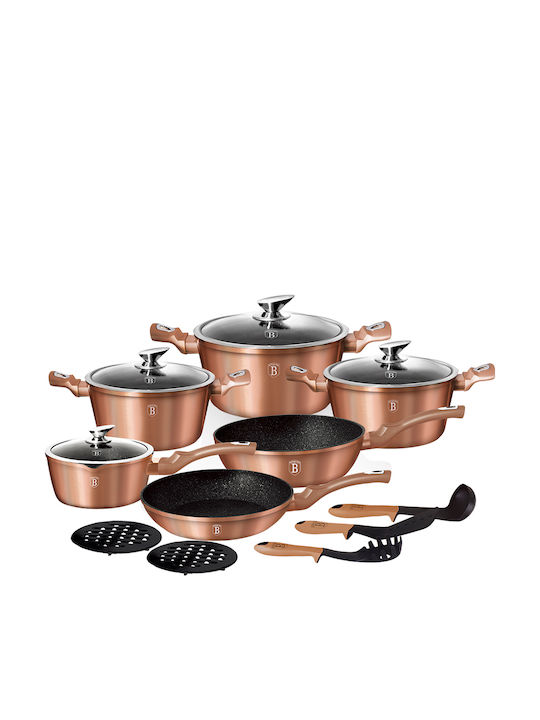 Berlinger Haus Metallic Line Cookware Set of Aluminum with Stone Coating Rose Gold Collection 15pcs