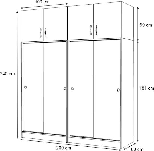 Patru uși Dulap de Haine Glisare Regio cu Spațiu de Depozitare Alb 200x60x240cm