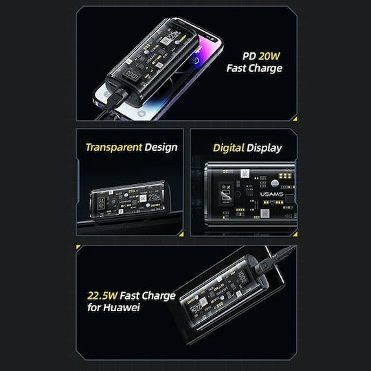 Usams US-CD189 Power Bank 9000mAh 20W με Θύρα USB-A και Θύρα USB-C Power Delivery / Quick Charge 3.0 Μαύρο