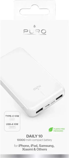 Puro Power Bank 10000mAh 12W mit 2 USB-A Anschlüssen und USB-C Anschluss Weiß