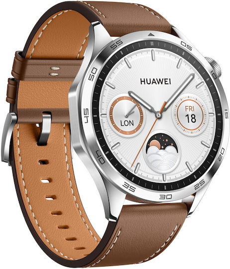 Huawei Watch GT 4 Stainless Steel 46mm Waterproof with Heart Rate Monitor (Brown Leather Strap)