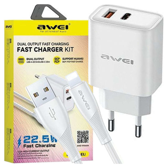 Awei Charger with USB-A Port and USB-C Port and Cable Lightning 22.5W Power Delivery Whites (PD81C)