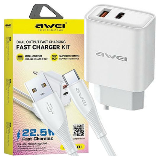 Awei Φορτιστής με Θύρα USB-A και Θύρα USB-C και Καλώδιο USB-C 22.5W Power Delivery Λευκός (PD81)