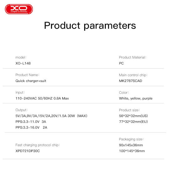 XO Зарядно без кабел GaN с USB-C порт 30W Power Delivery Лилав (L148)