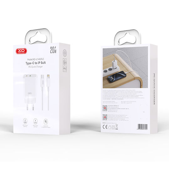 XO Ladegerät mit 2 USB-C Anschlüsse und Kabel USB-C - Lightning 20W Stromlieferung Weißs (L145)