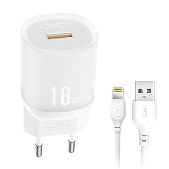 XO Charger with USB-A Port and Cable Lightning 18W Quick Charge 3.0 Whites (L157)