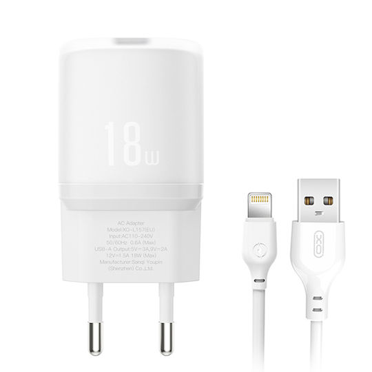 XO Charger with USB-A Port and Cable Lightning 18W Quick Charge 3.0 Whites (L157)