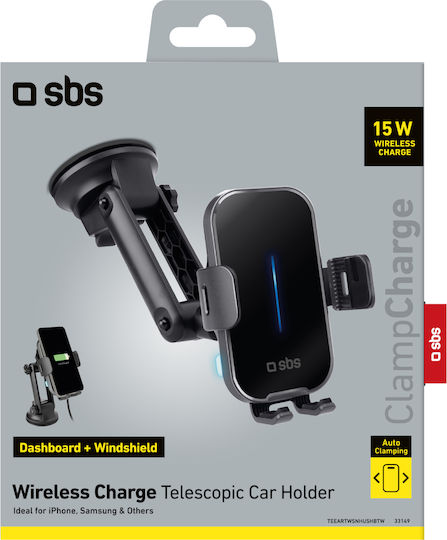 SBS Wireless Car Mobile Mount with Adjustable Hooks and Wireless Charging Black