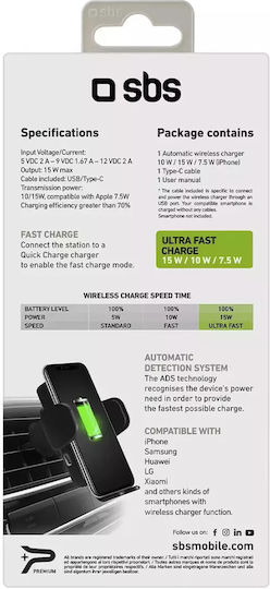 SBS Car Mobile Mount with Adjustable Hooks and Wireless Charging Black