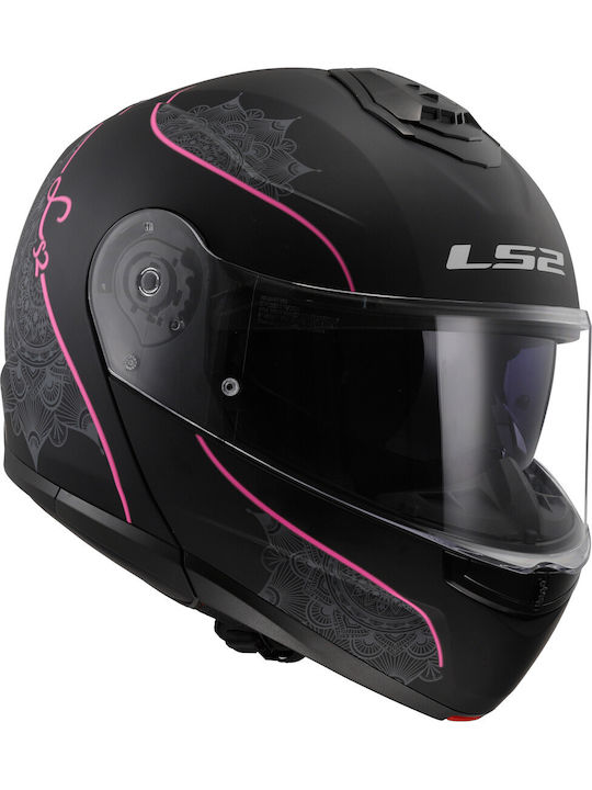 LS2 Strobe II Matt Black/Pink Motorcycle Helmet Flip-Up ECE 22.06 1580gr with Sunvisor