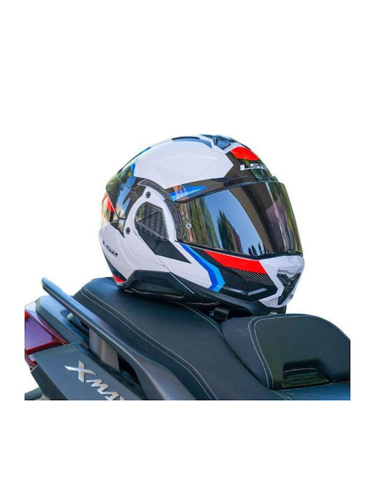 LS2 Advant II Triple Gloss White/Blue/Red Motorcycle Helmet Flip-Up ECE 22.06 1750gr with Pinlock and Sunvisor